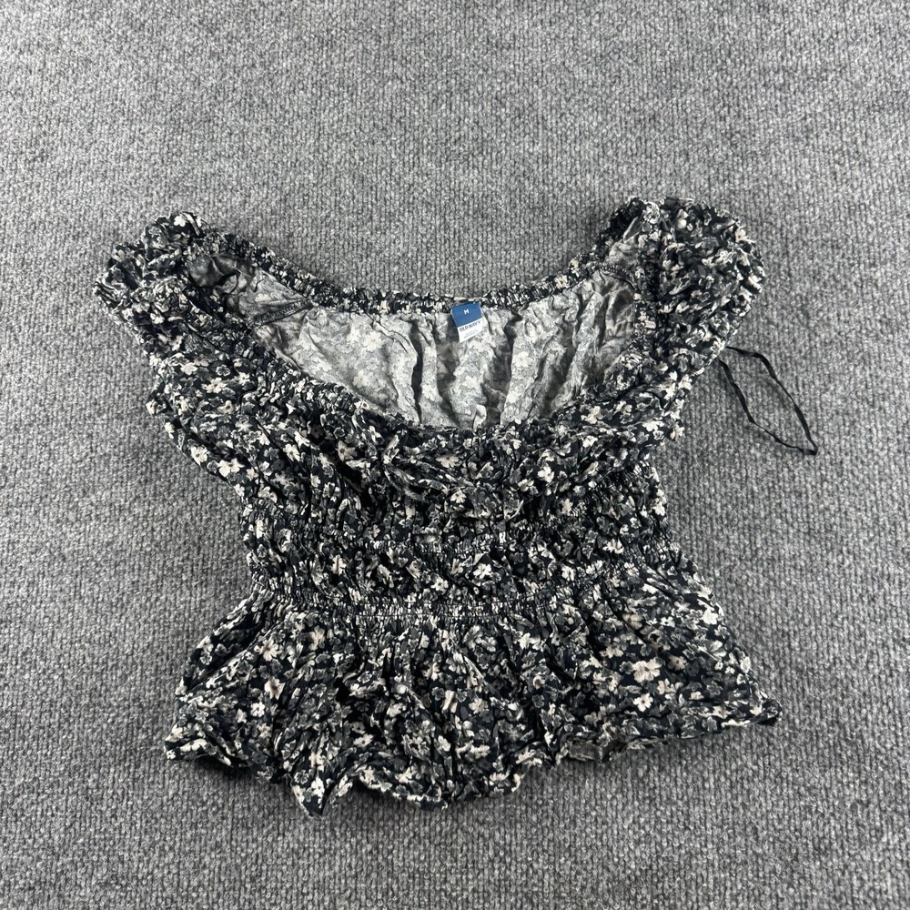 Old Navy Blouse Womens M Black Floral Scoop Neck Short Puff Sleeve Cropped
